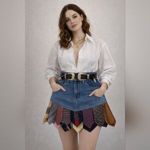 Custom Upcycled Denim & Tie Skirt – One of a Kind